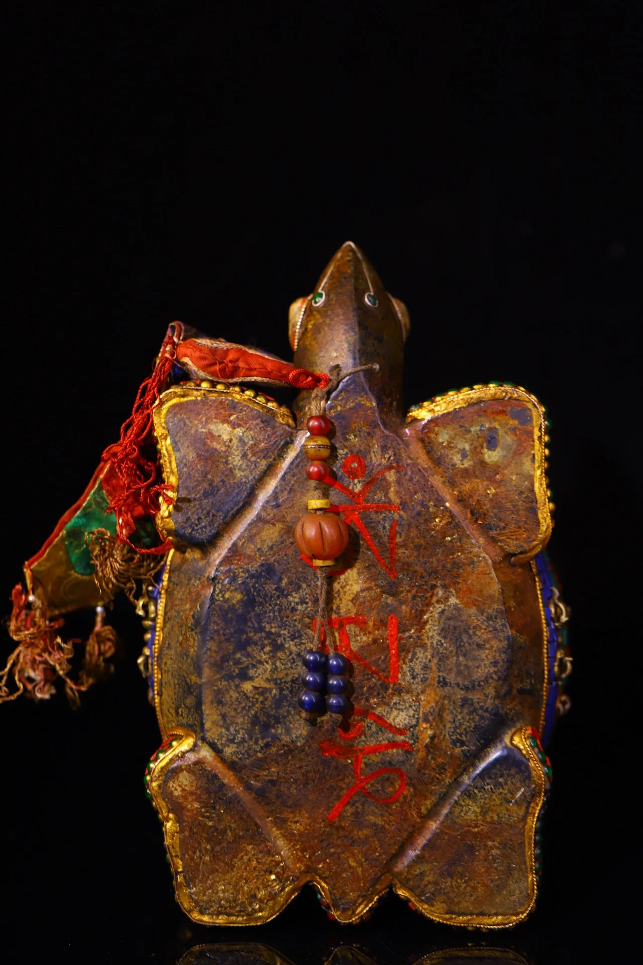 11”Tibetan Temple Collection Old Natural Meteorites Mosaic Gem gZi Beads Turquoise  Sanskrit Patterns Turtle Statue Amulet