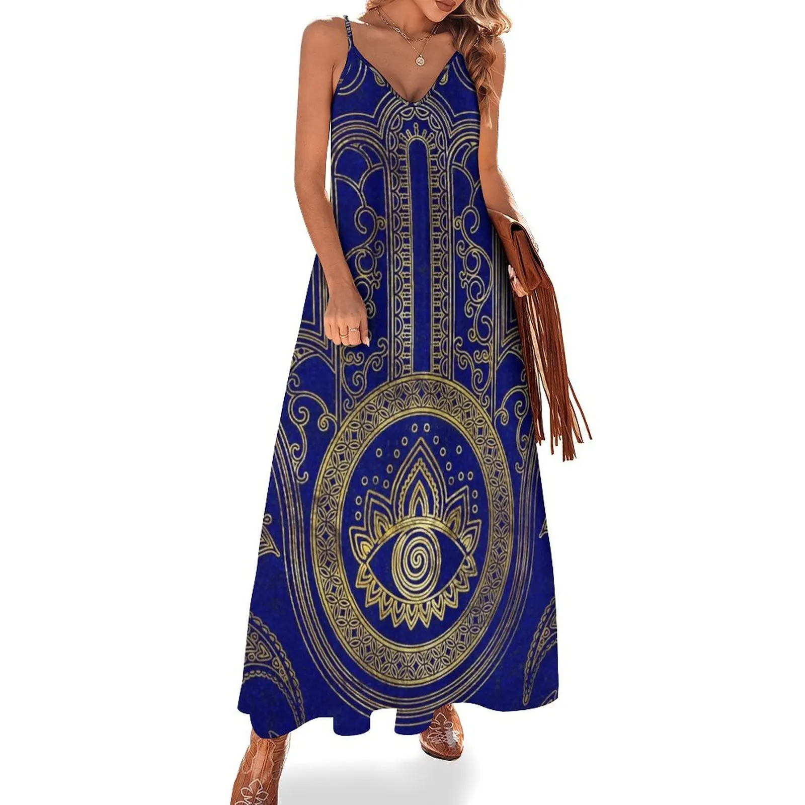 

Hamsa Hand - gold on lapis lazuli Sleeveless Long Dress dress women summer summer dress women 2025