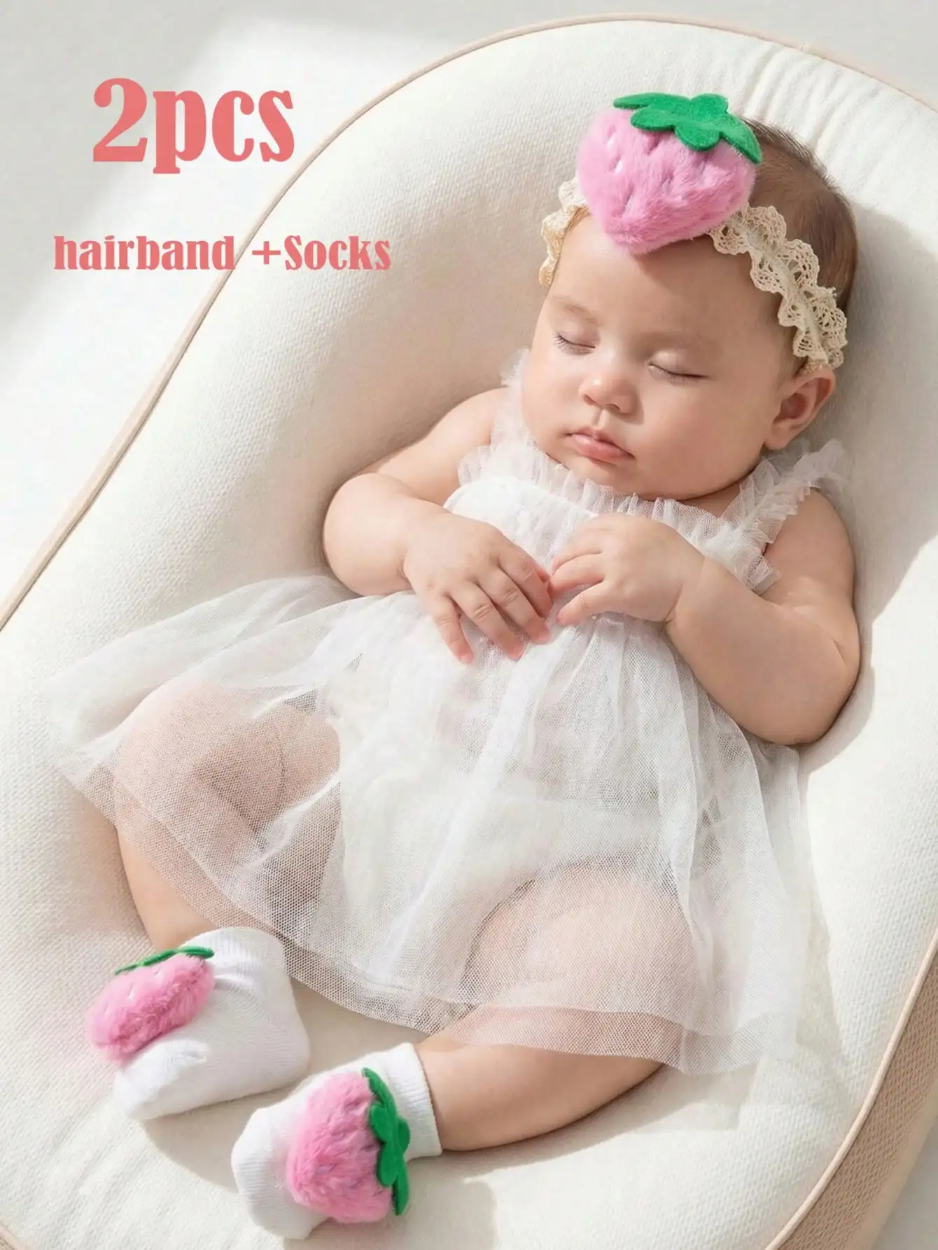 

2Pcs 6-12M Plush Strawberry Baby Socks And Headband Set Cute Fruit Style Infant Gift Suit Birthday Present