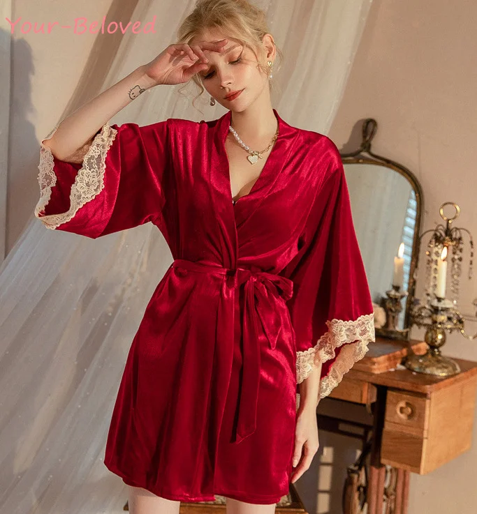 Warm Velvet Sleepwear Sexy Lace Trim Bathrobe Women Velour Wedding Bride Robe Loose Kimono Gown Femme Nightgown Loungewear