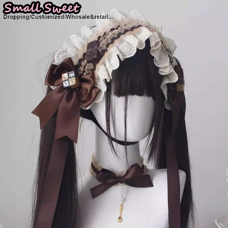 Women Lolita Headband Gothic Y2K Girls Cosplay Chocolate Headband Hair Accessories Bow Edge Clip Headwear Choker Wristband