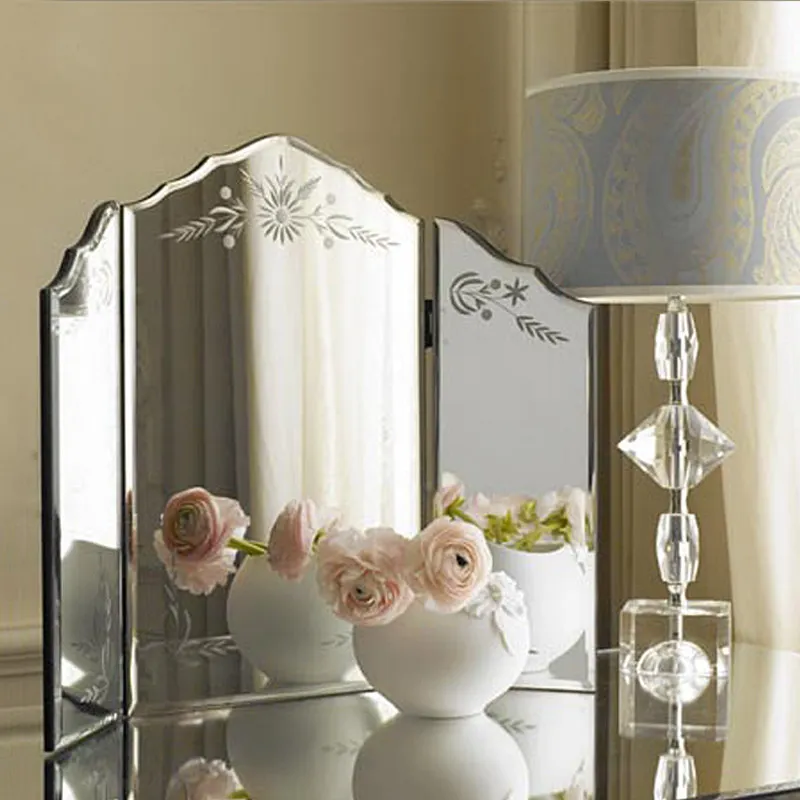Modern Bevelled Edge Glass Makeup Mirror Venetian Tabletop Trifold Dressing Cosmetic Make Up Mirror Triple Decoration Mirror