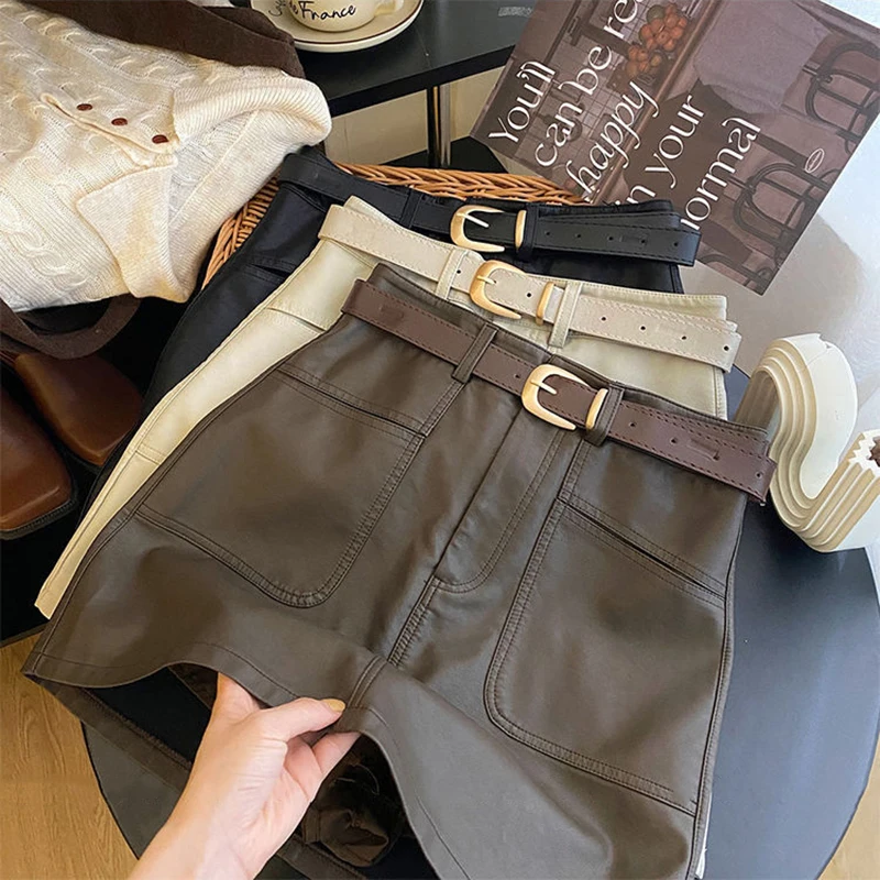 Pu Leather Cargo Mini Skirts for Women Y2K Autumn Streetwear with Belts Casual A Line Skirt Korean High Waist Solid Casual Skirt