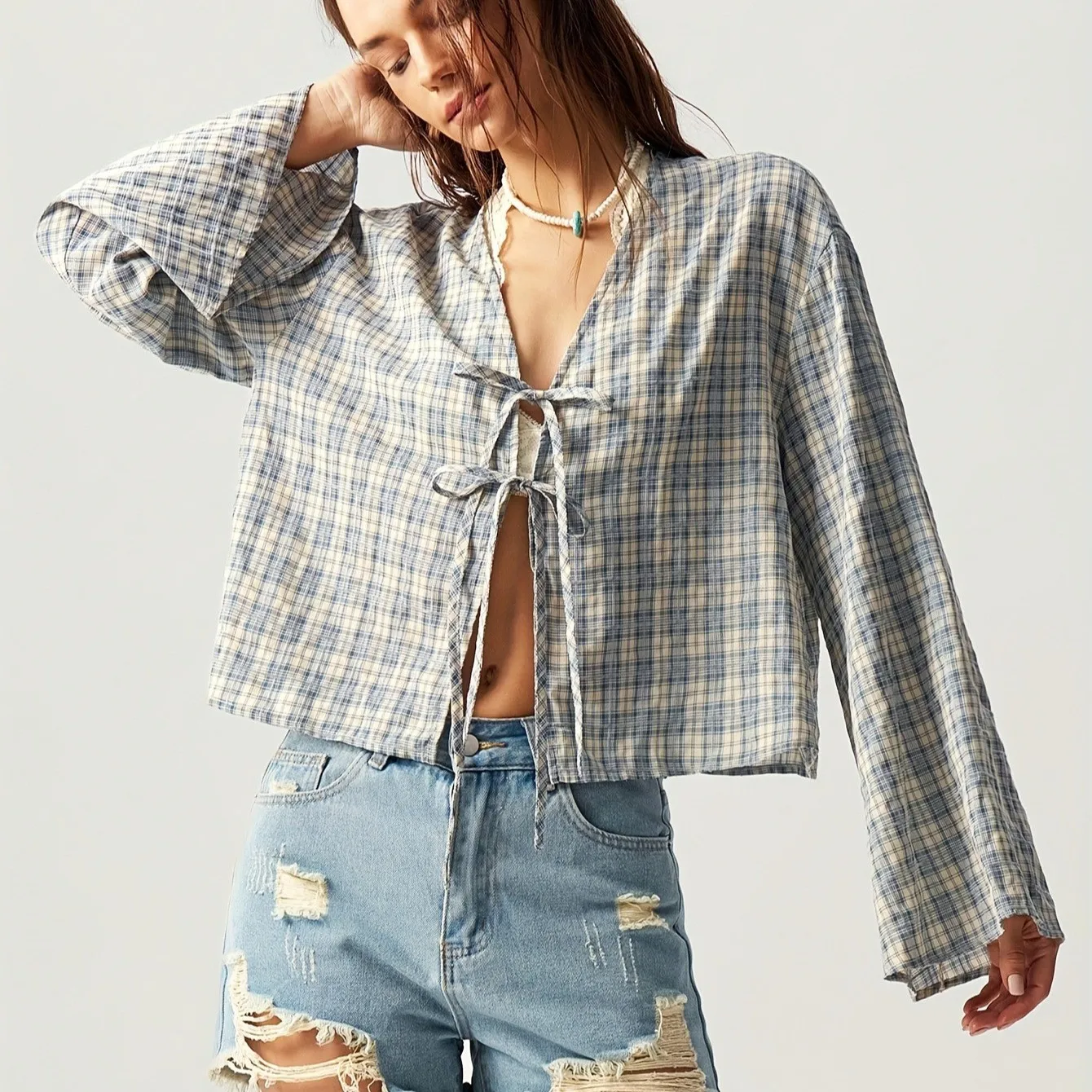 Plaid Tie Top Loose Fit Casual with Checkered Pattern V Neck V Neckline Tie Front Summer Autumn Bell Sleeve Striped Women Blouse