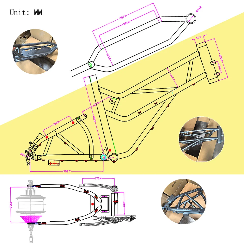 High Quality 20 Inch Aluminum Alloy Full Suspension Electric Bicycle Frame With 190mm Bike Dropout image 3