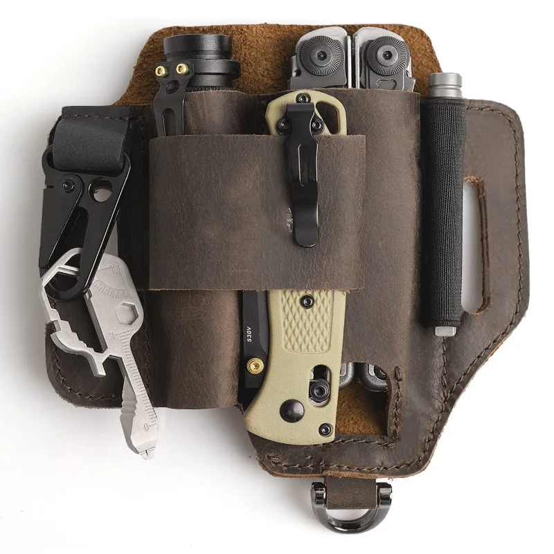 Men Leather EDCs Organizer Sheath EDCs Belt Sheath Pocket Organizer Leather Multitool Pouch With Pen Holder For Flashlight