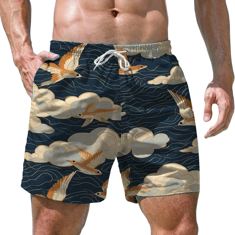 Beach Swim Shorts Loose Casual Shorts Summer Men's Quick Drying Shorts Street Fashion Shorts Cloud Bird Mountain Printed Shorts