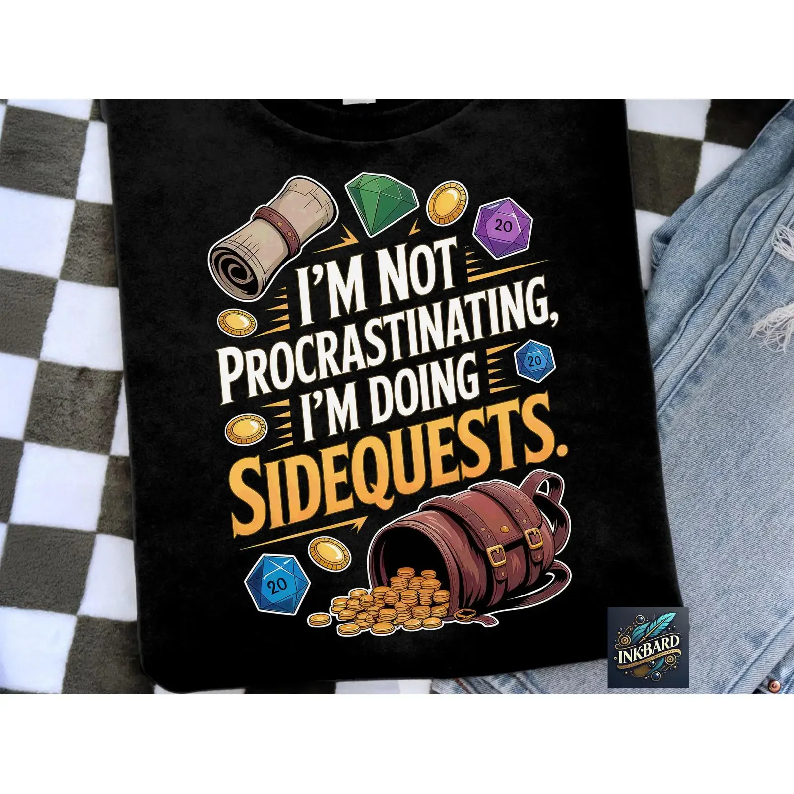 I'm Not Procrastinating Doing Sidequests D20 Dice DND Tabletop RPG Gamer Funny Sublimation PNG Digital Download vintage Washed