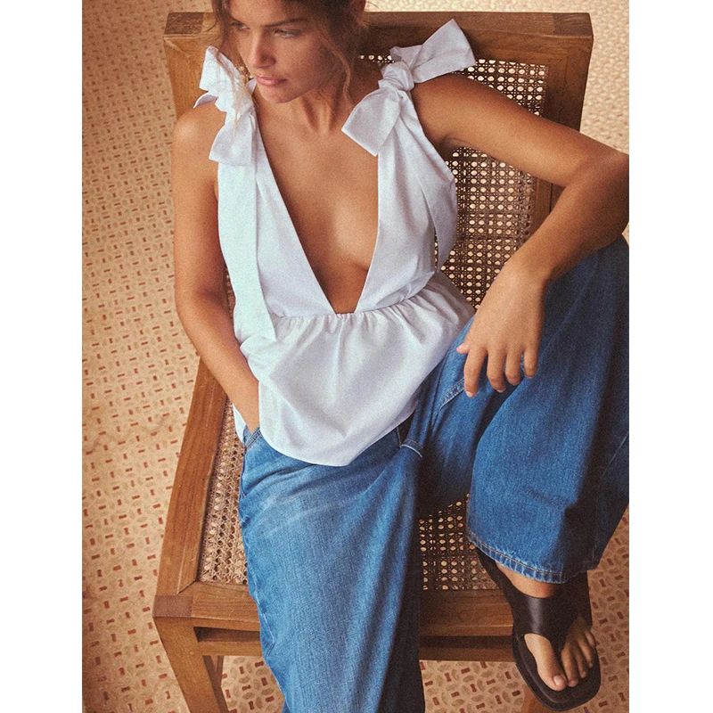 Summer New Women's  Knot Decorated Silk Casual Vaion V-ne Vest Top Loose Fit UV Protection No Sve Polyester ...