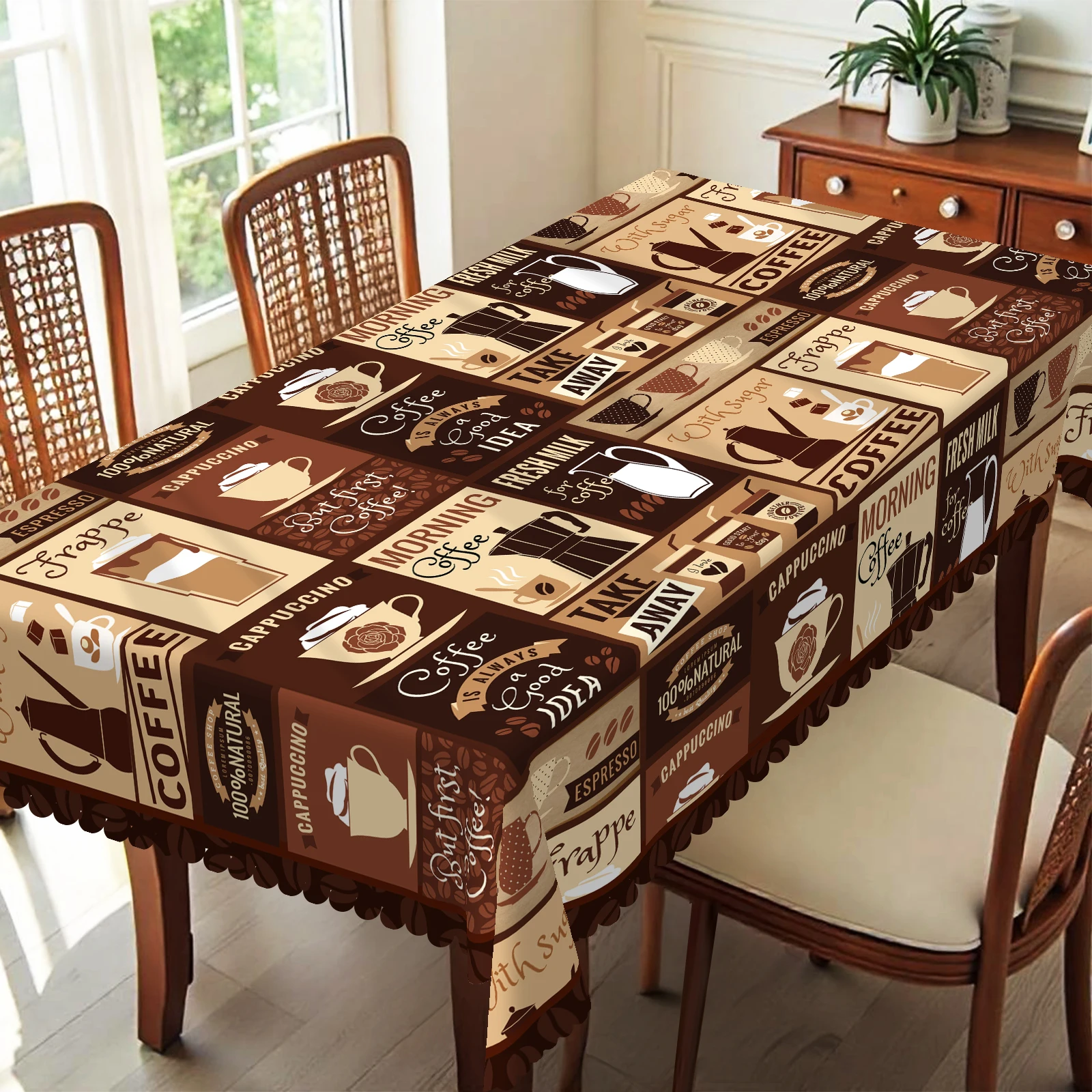 1 Piece, Coffee-Themed Pattern Tablecloth + 4 Self-Adhesive Stickers, Coffee Cup Plaid Print Pattern, Embossed Edges, Suitable for Home Kitchen, Living Room Dining Table Balcony Coffee Table, Holiday Party Holiday Table Decoration Tablecloth Table Cover, Outdoor Picnic Decoration, Coffee Table Desktop Decoration Tablecloth Table Cover, Perfect Holiday Gift, Spring, Summer, Autumn and Winter Tablecloth Decoration-Bkf001