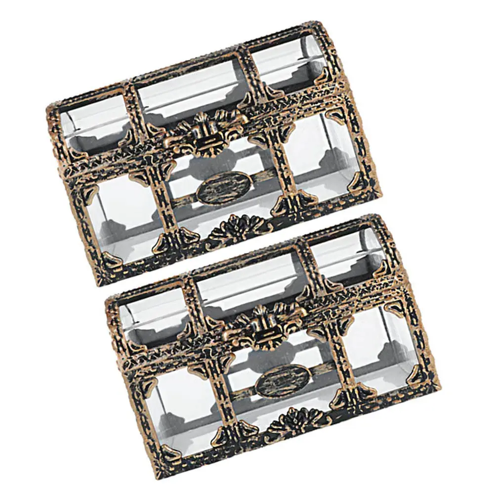 2Pcs Transparent Treasure Chest Plastic Small Jewelry Box Pirate Storage Organizer Decoration Crystal Clear Vintage Style