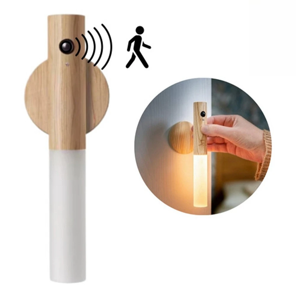 Luminária Noturna de Madeira LED, com Sensor de Movimento Recarregável, Iluminação Automática, para Corredor e Quarto