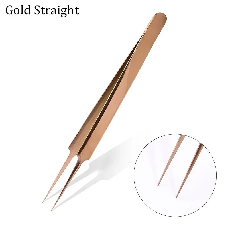 Tweezers Stainless Steel Gold Blue for eyelash extension high-precision eyelash extension tweezers Thin tip