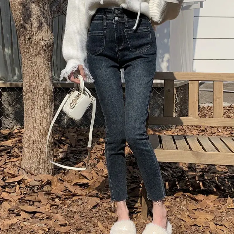 

H.sa 2023 Vintage High Waist Double Buttons Skinny Pencil Jeans Korea Black Slim Denim Trousers Classic Ankle-length Pants