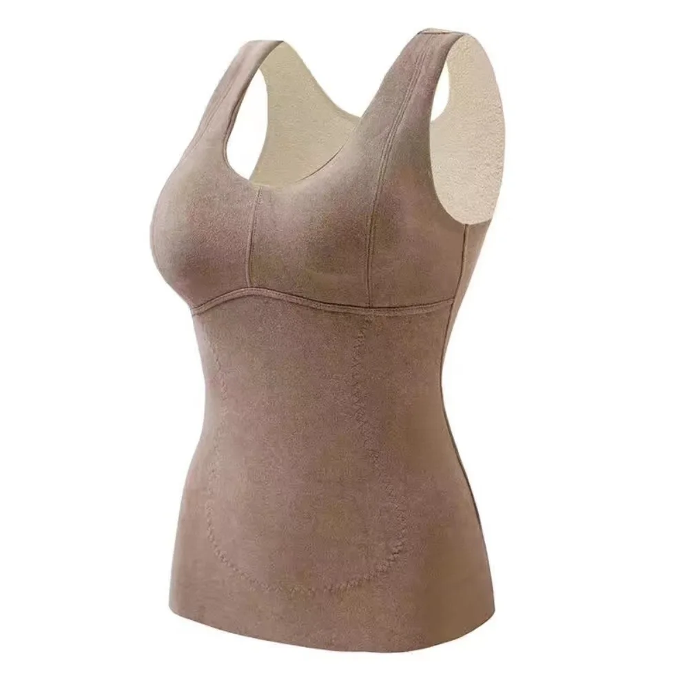 

Solid Color Seamless Thermal Vest V-neck Thicken Velvet Tank Tops Inner Outfit With Pads Bottoming Shirt Women Winter