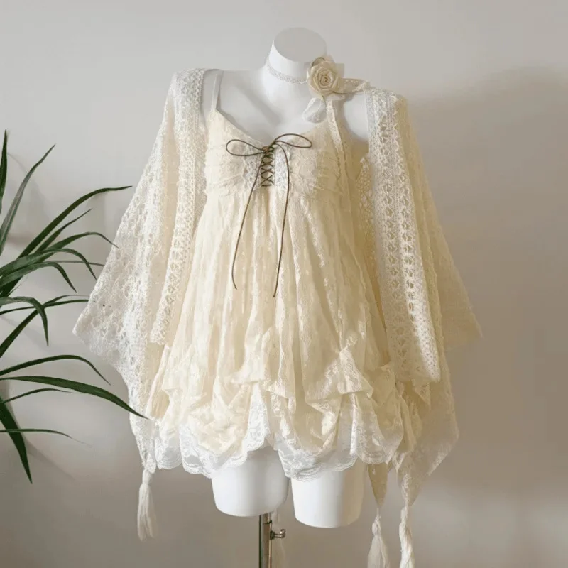 Kawaii Bow Mini Dresses Lolita Summer Sweet Halter Neck Polka Dot Women Lace Dresses French Elelgant Sexy Slim Party Dresses New