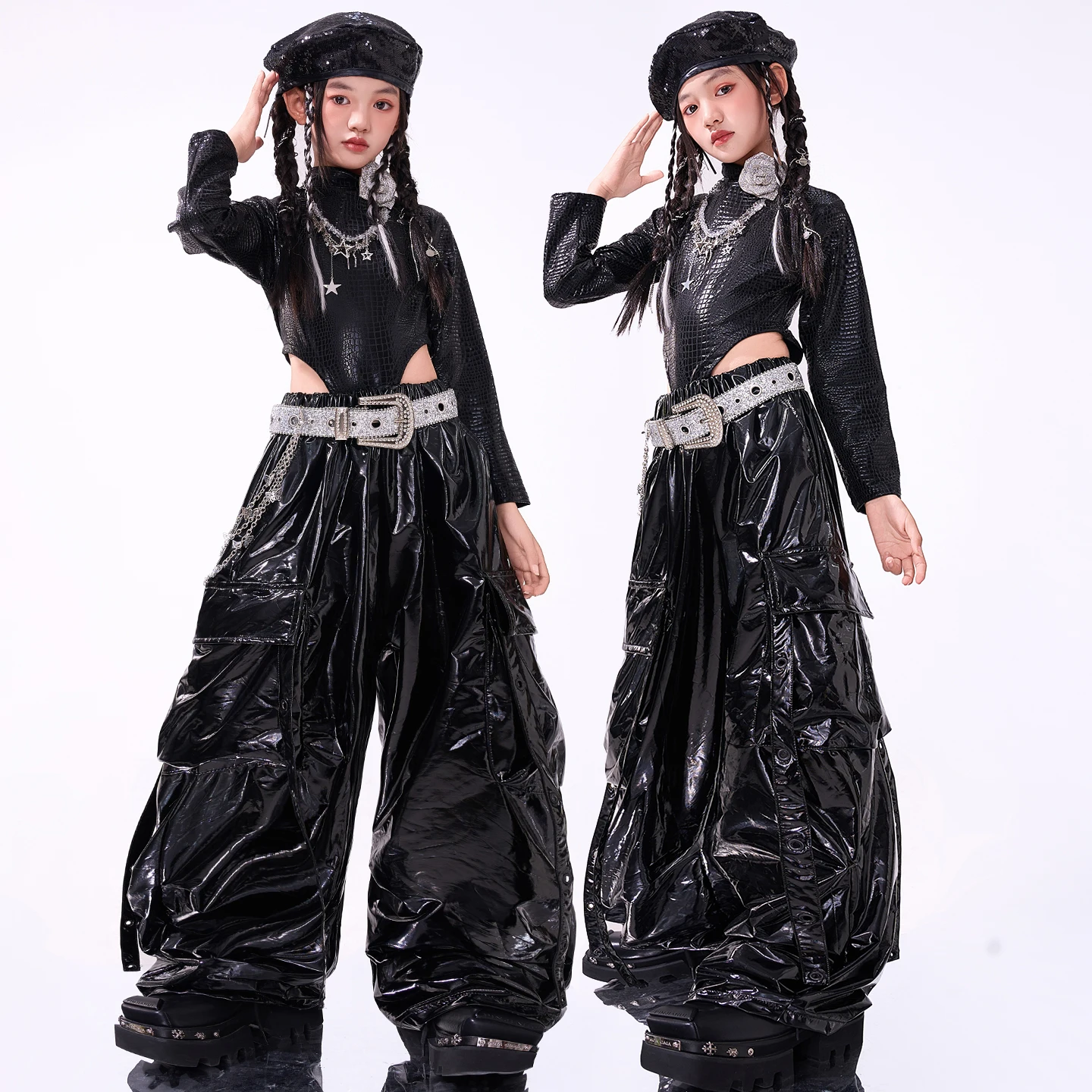 Teenage Hip Hop Shirt Dance Vest Cargo Pants Girls K-pop Shiny Crop Top Joggers Kids Jazz Clothes Sets Children Streetwear