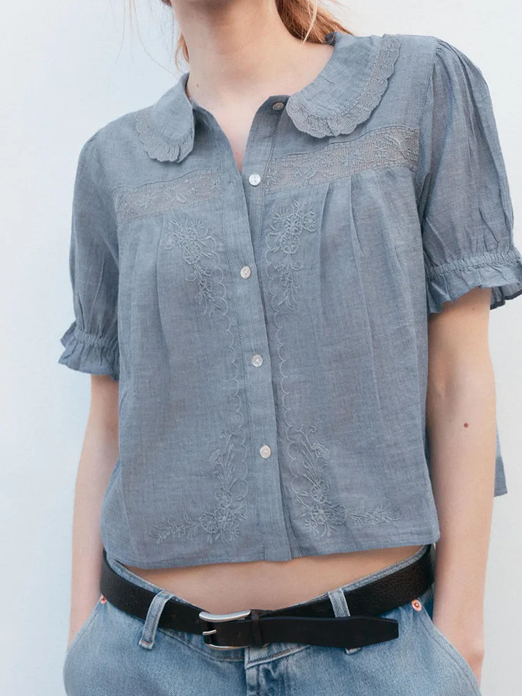 

New Summer Women's irt round Collar ort Sve Embroidered Flower Versatile Quali ZA2025 Commute Sle Loose Fit Pure C...