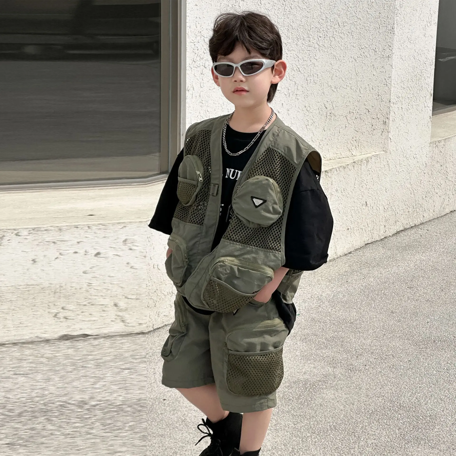 

Children Clothes Set Boys Summer 2025 Summer New Outdoor Solid Color Handsome Waist Coat Shorts Fashionable Two Piece Set