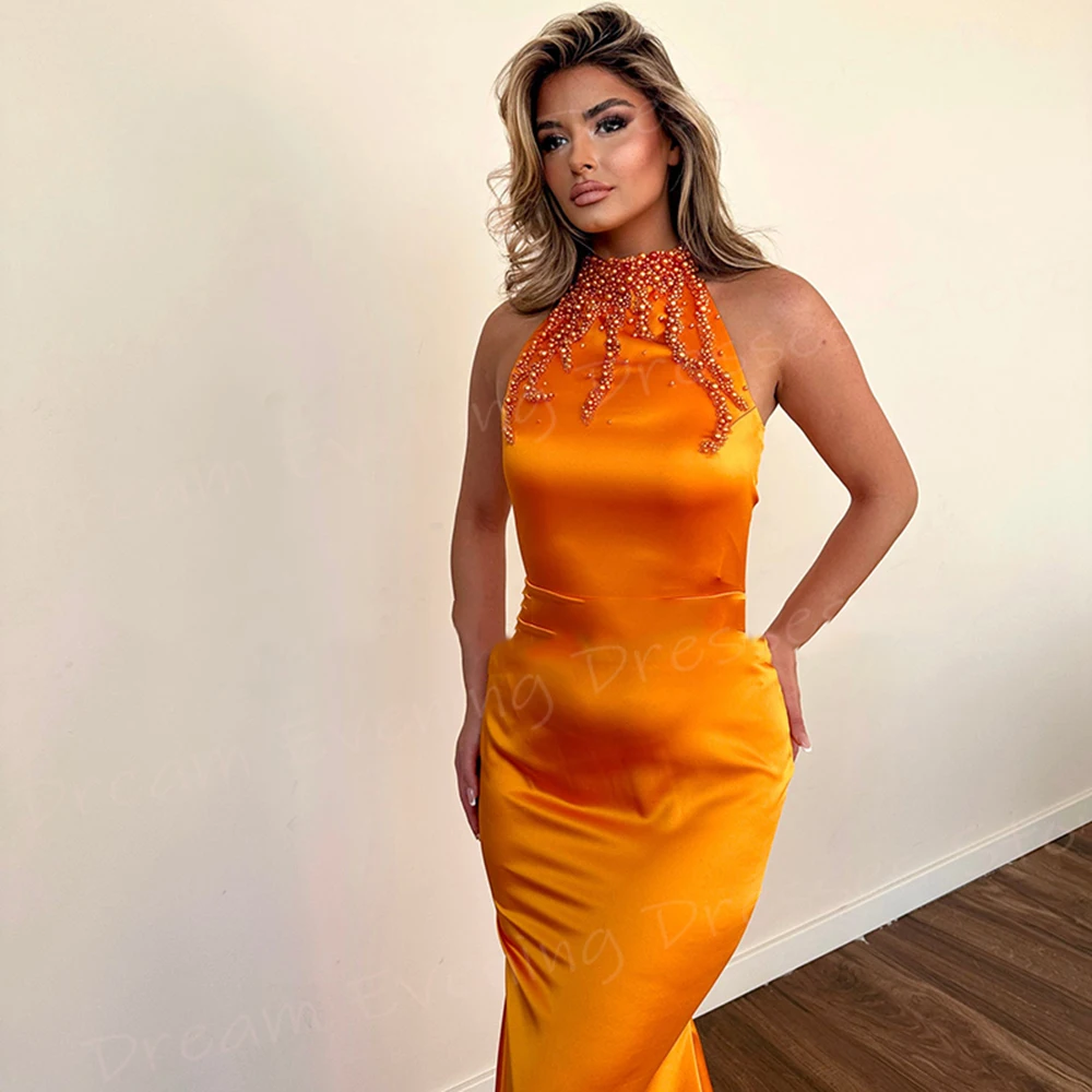 Classic Orange Mermaid Charming Women's Evening Dresses Graceful Sexy Halter Neck Prom Gowns Sleeveless Beaded فساتين سعيد شارون