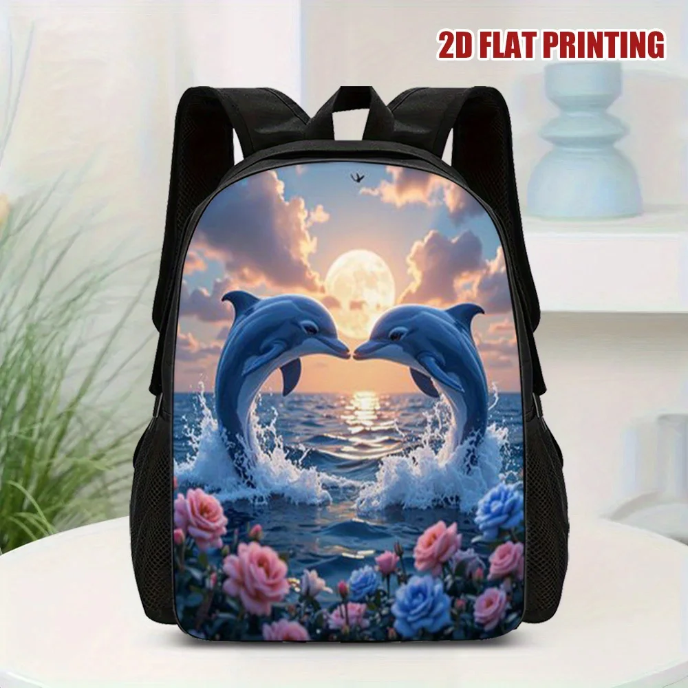 

1 Stylish Dolphin Moon Dance Backpack - 2D Flat Print, Vibrant Dolphin and Floral Sunset Design, Large Capacity Lightweight