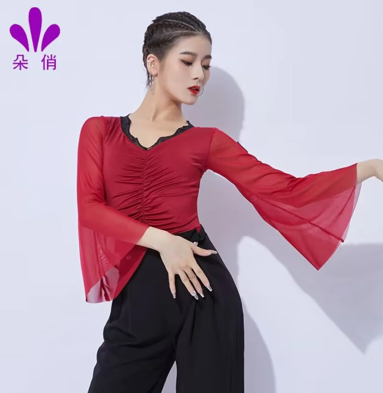 1 шт./лот женский модный купальник для латинских танцев женский шифоновый топ с длинными рукавами для бальных танцев