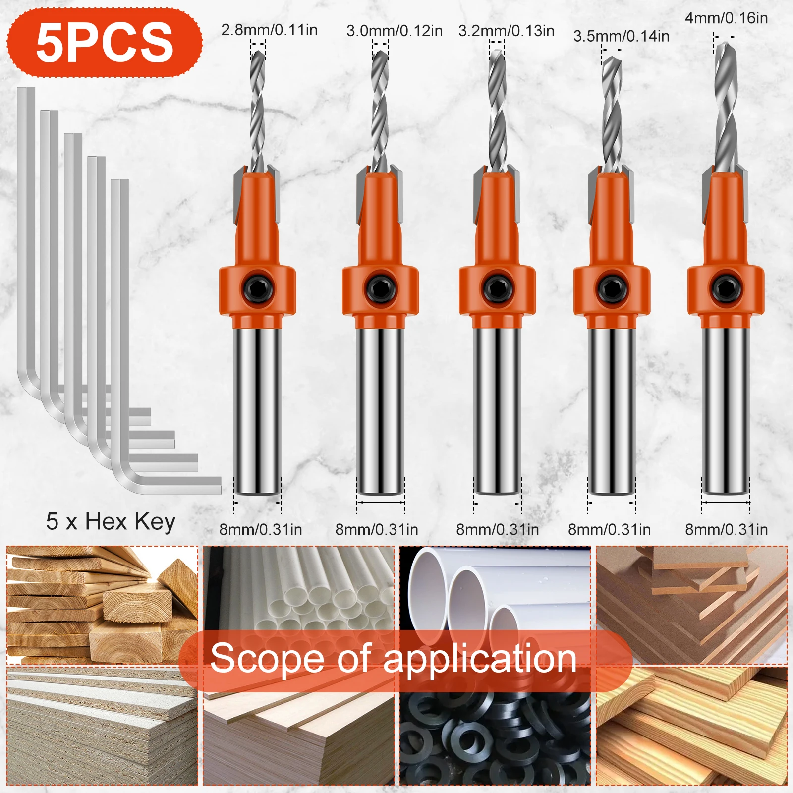 Drill Bit Countersink Drill Bit Set Adjustable Length Punching Drill Bit Set Woodworking Tool for Wood PVC Plastic Soft Metal