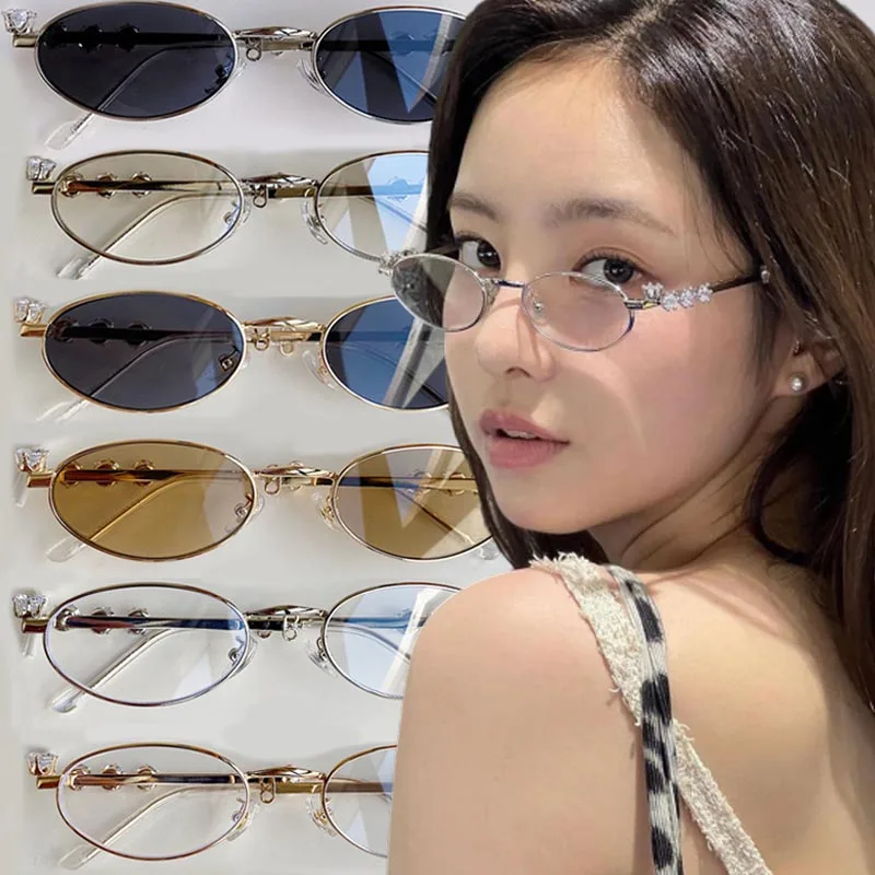 Women's Punk Retro Silver Anti Blue Light Eyewear Rhinestone Stainless Steel Oval Frame Glasses Girl Reading Seaside Spectacles