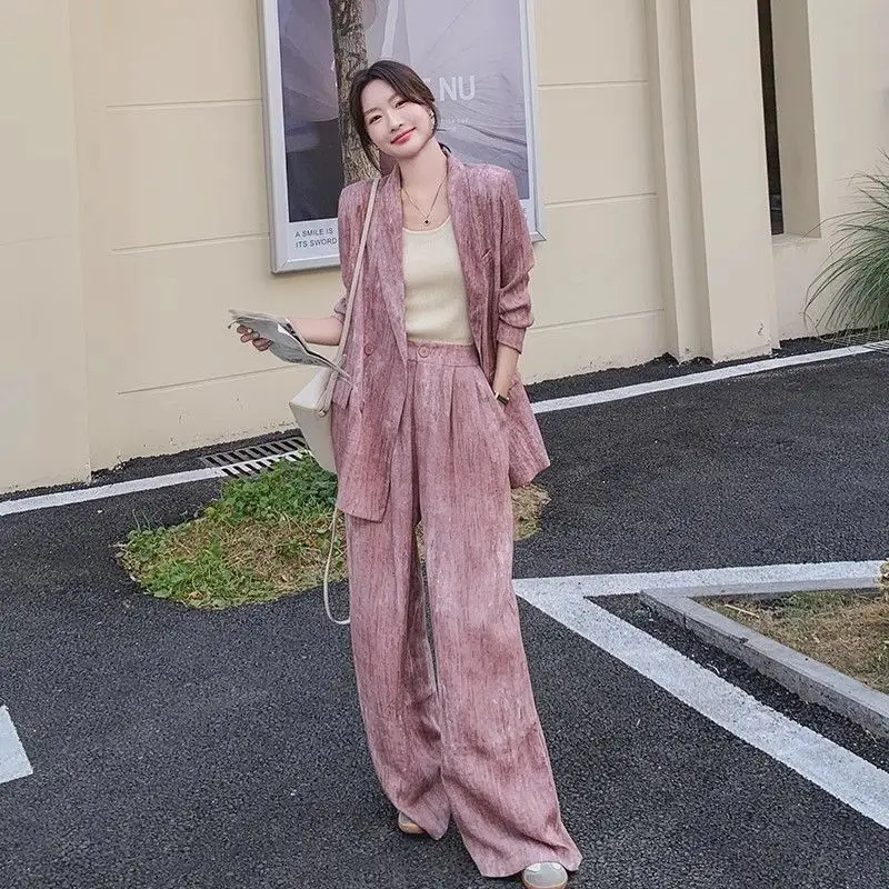 

Весенне-осенний новый коллекционный поясной костюм, усовершенствованный женский комплект, стильный и повседневный костюм, широкие брюки, комплект из двух предметов