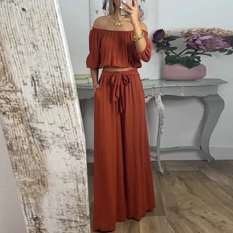 

Сексуальный пуловер на одно плечо, топ и длинные брюки, женские повседневные однотонные свободные комплекты с короткими рукавами из 2 предметов, элегантные комплекты для поездок на работу на шнуровке