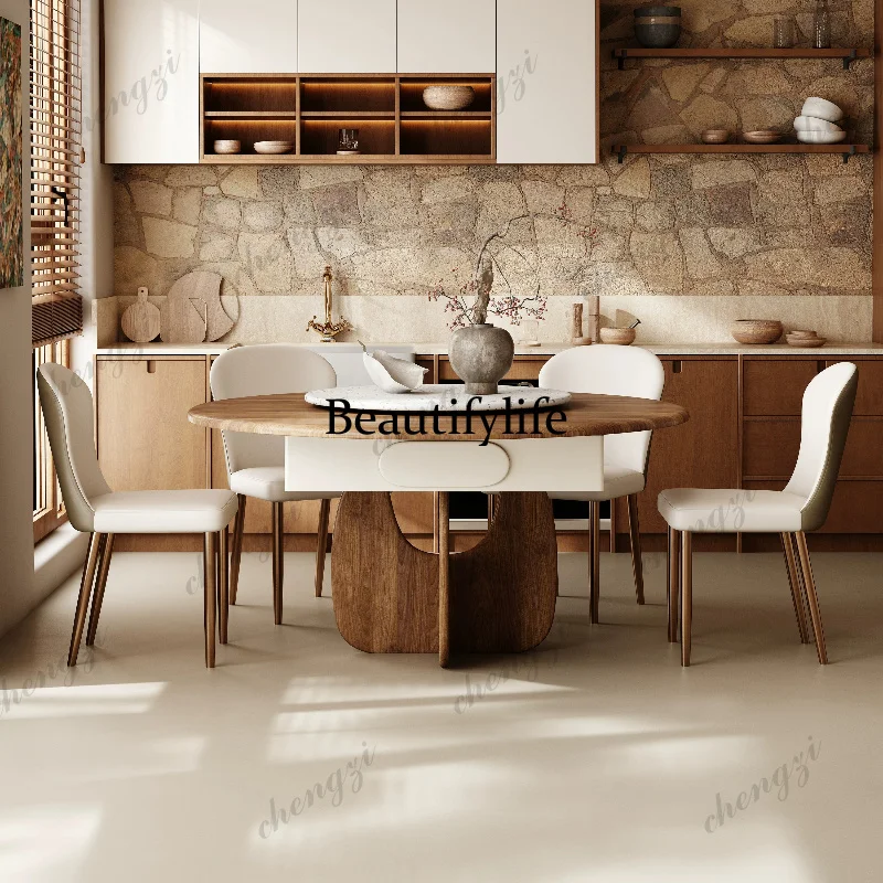 Round dining table and chair combination mahjong table integrated dual-purpose household multi-function medieval cream new model