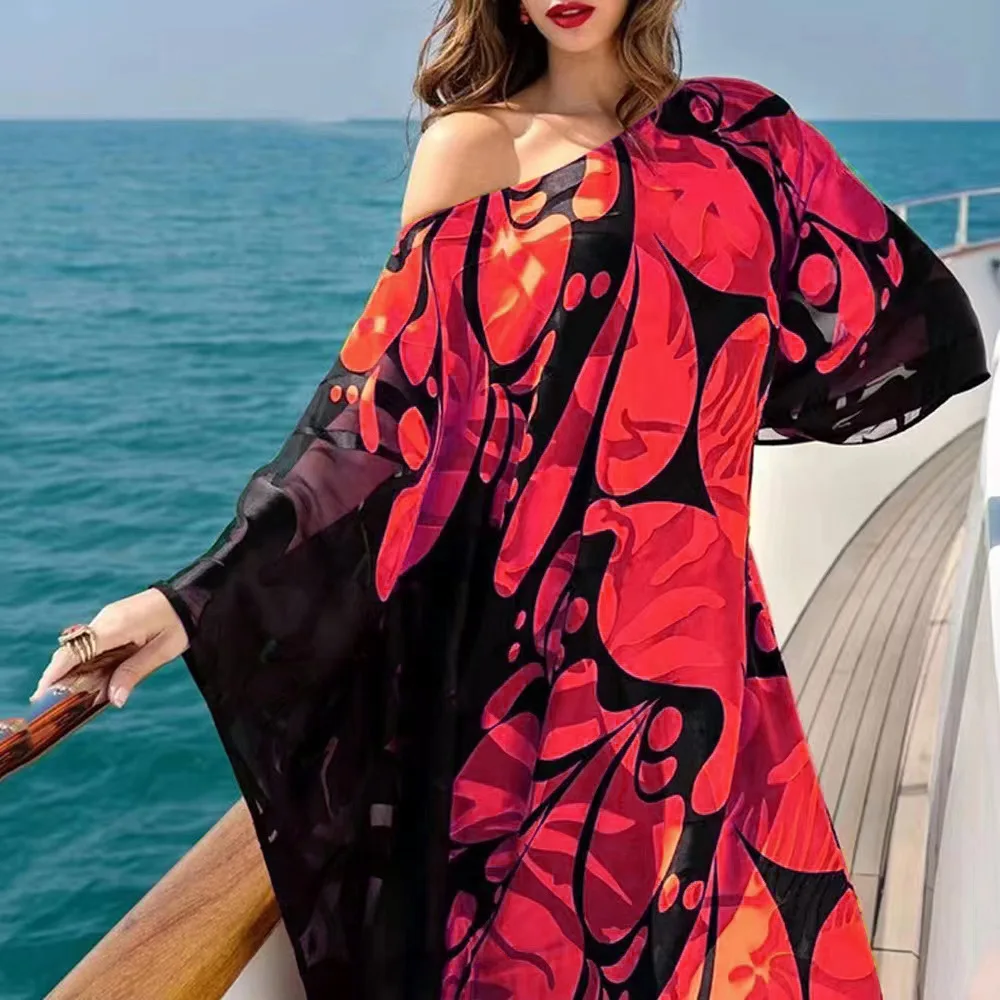 Beach Outfits For Women Bath Pareo Cover Up Kaftan Swimwear 2025 New Slant Shoulder Bohemian Dress Printed Loose Off Long