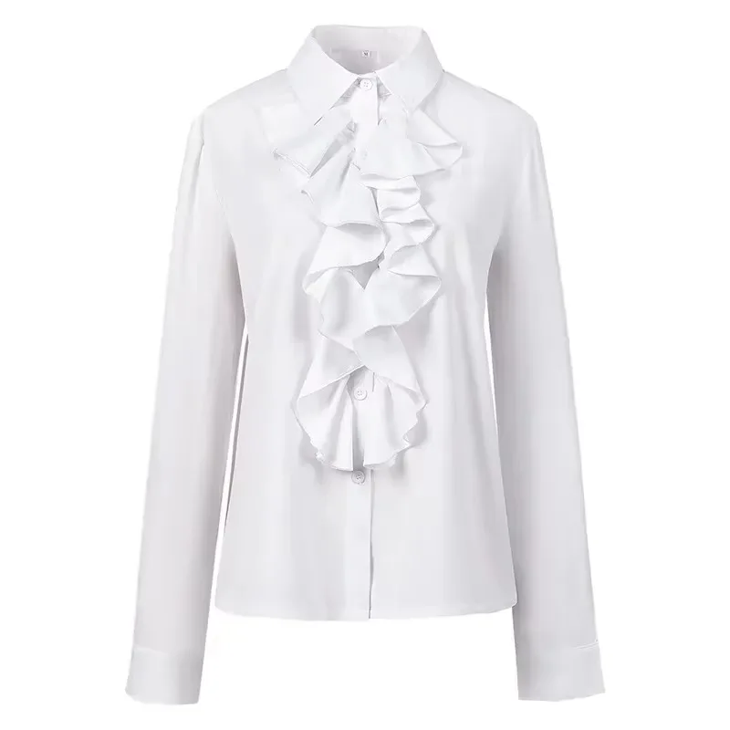 Ruffle Jabot Shirt Work Office Tops Long Sleeve Lapel Collar Women Fashion Casual Formal Frill Tie Button Blouse