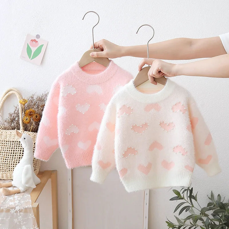 Spring Kids Girls Sweater Love Pearl Infant Babys Girls Undershirt Cartoon Rabbit Soft Toddler Girls Knitwear Imitation Mink Fur