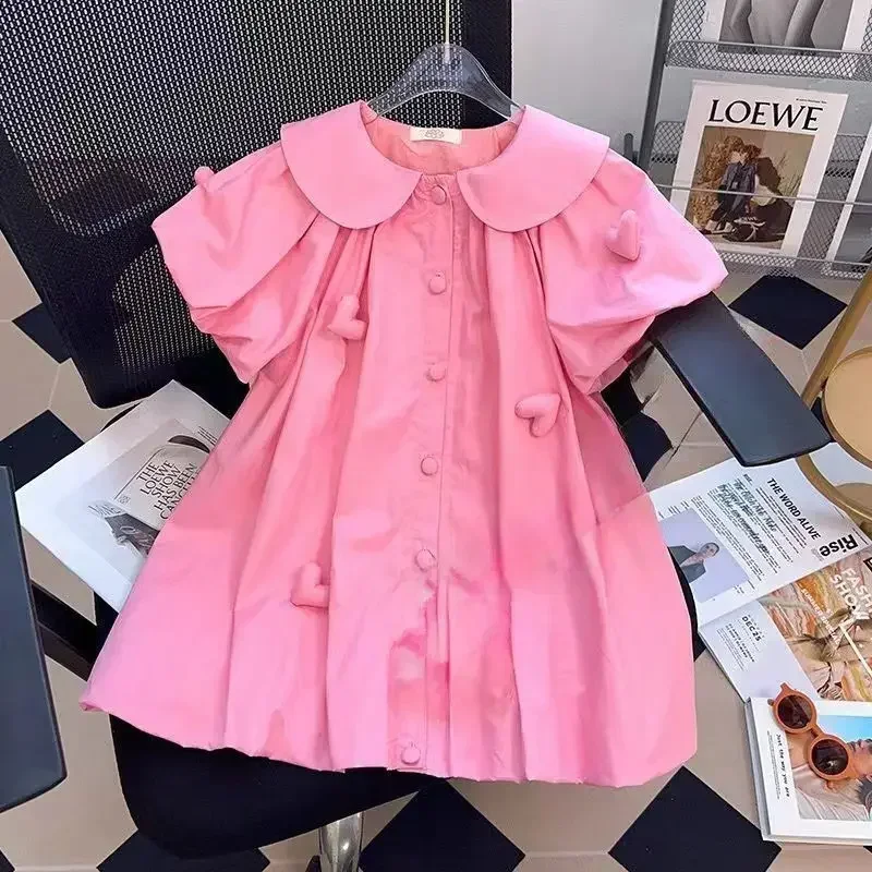 New Summer Cute Girls Dress Heart Shaped Doll Decoration Lapel Collar Single buckle Design Pink Princess Dress For Girls