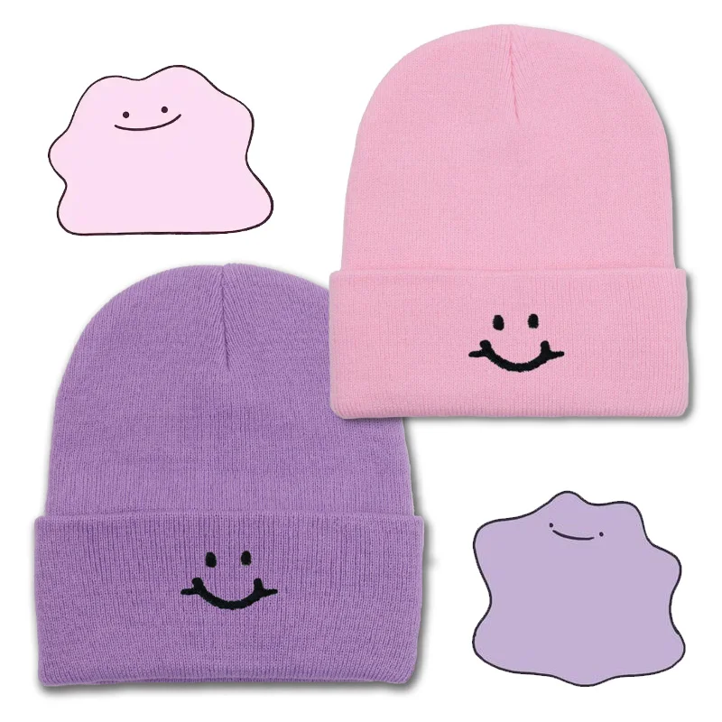 Topi Wol Warna Solid Musim Dingin Anime Pokemon Ditto untuk Pria Wanita Topi Hangat dan Dingin Hadiah Topi Rajut Bordir Mode Hip-Hop
