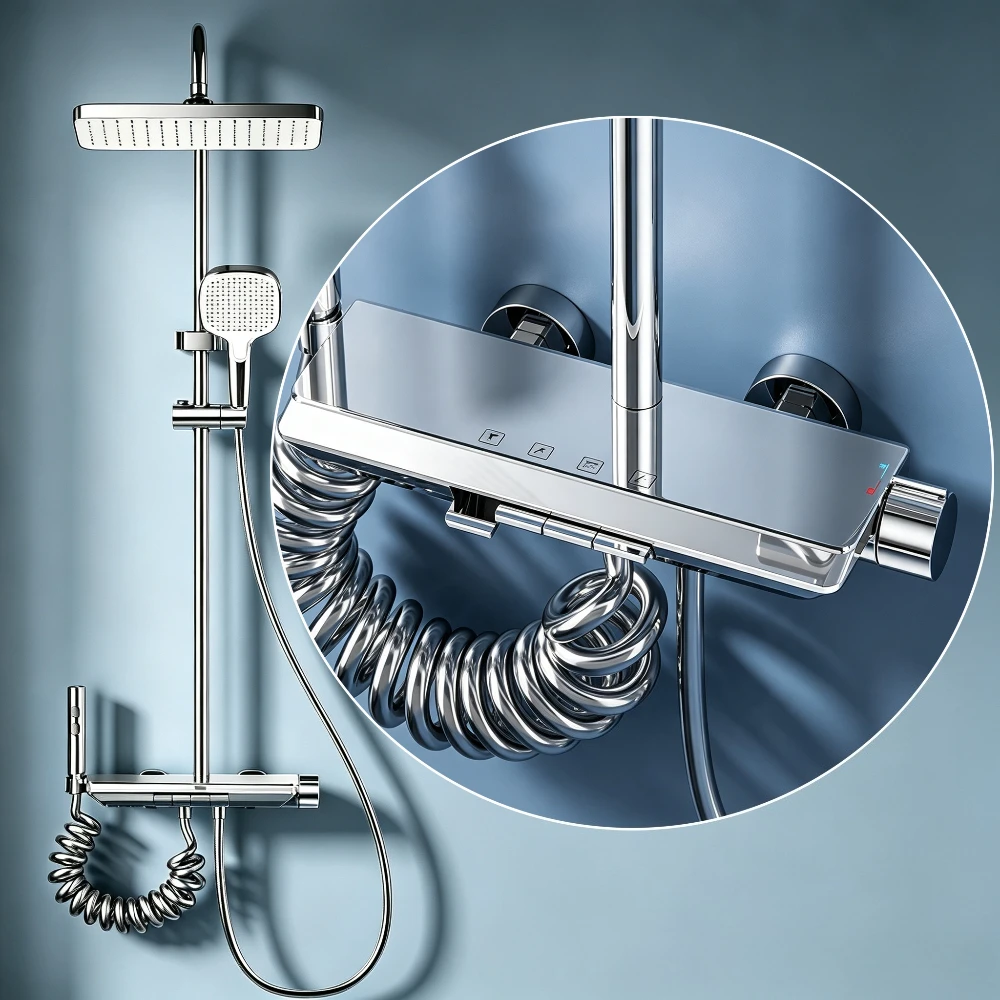 Grey/Chrome Aluminum Shower System Set 4-way Rainlfall Bathroom Shower Set Wall Mounted Bathroom Shower Faucet Set Piano Showers
