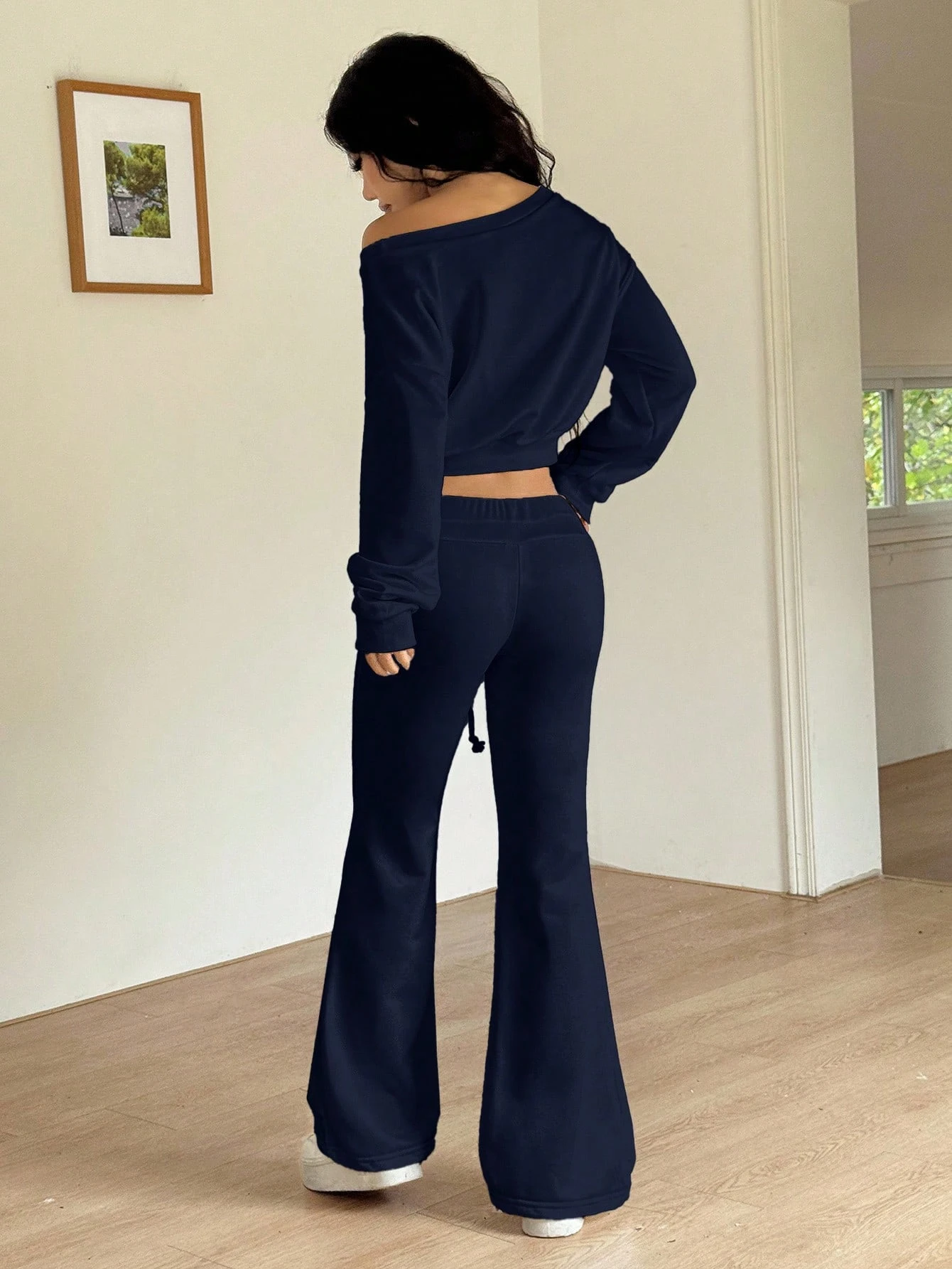 Women 2 Piece Outfits, Off Shoulder Long Sleeve Crop Top & Drawstring Flare Pants Set, Casual Lounge Tracksuit Y2K Workout Sweat