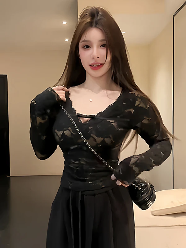 

Женский облегающий топ Bla V-ne Lace с узлом и вырезами, весенний, для ношения под одеждой, многослойный, нейтральный, длинный...