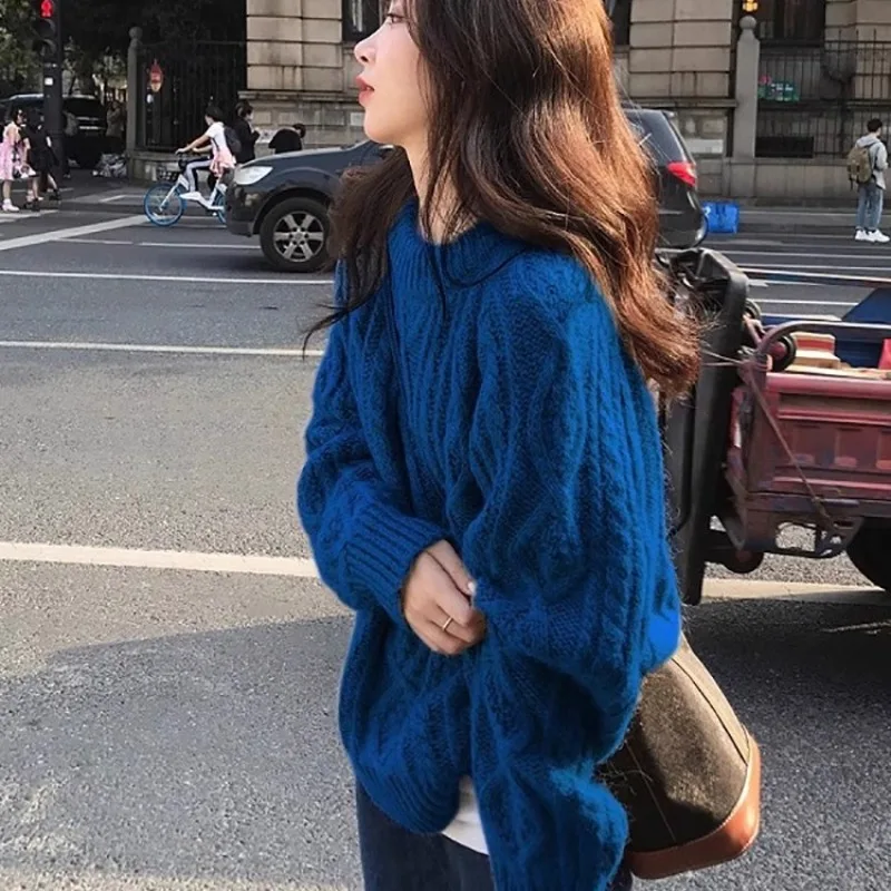 محبوك سترة المرأة الحلو الأزياء الأزرق الرجعية شارع العليا الترفيه سميكة فضفاضة تنوعا طويلة الأكمام تريكو الخريف الشتاء #4