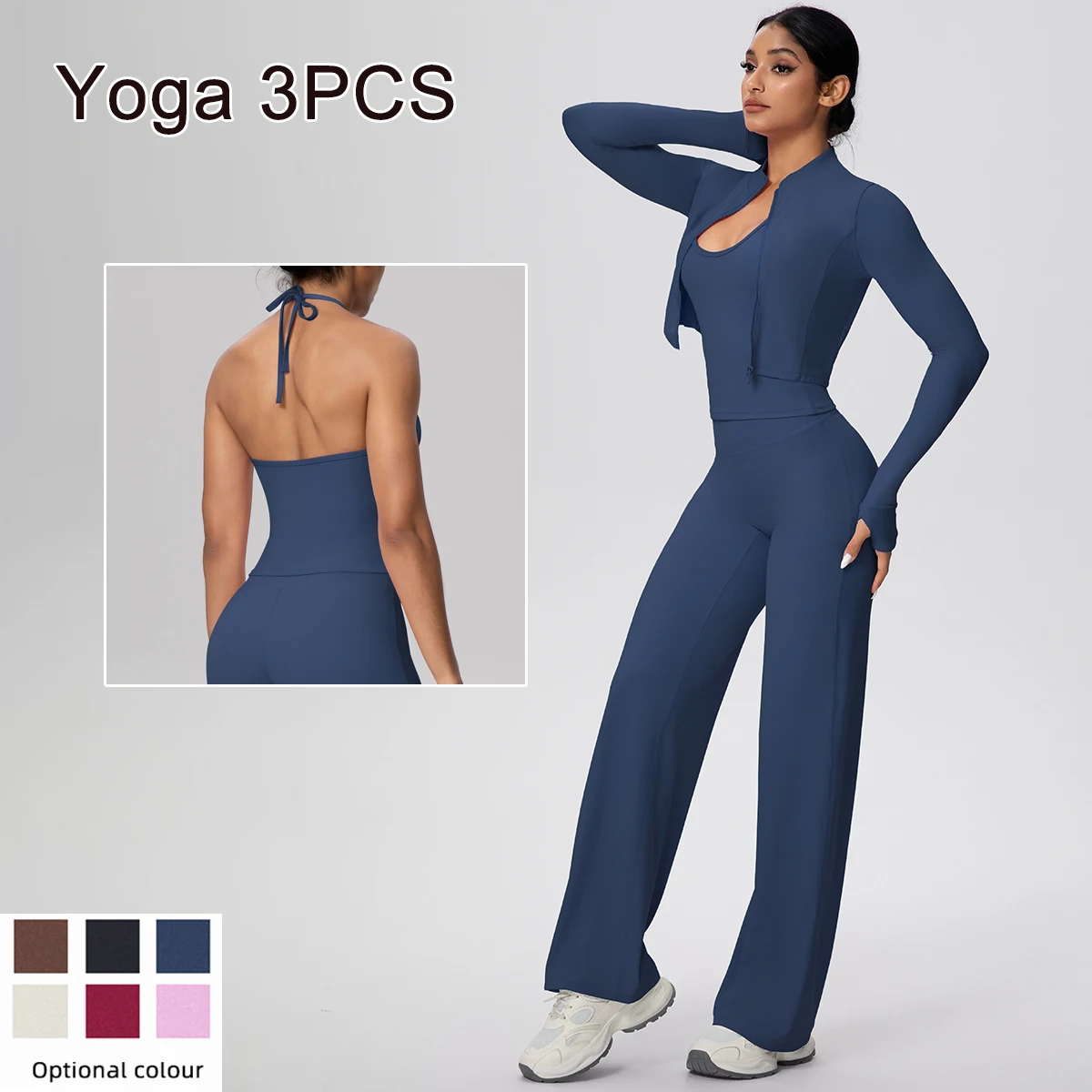 

Solid Color Yoga Three Piece Set Yoga Zipper Long Sleeves Sports Running Halter Bra Workout Top High Waisted Wide Leg Pants Set