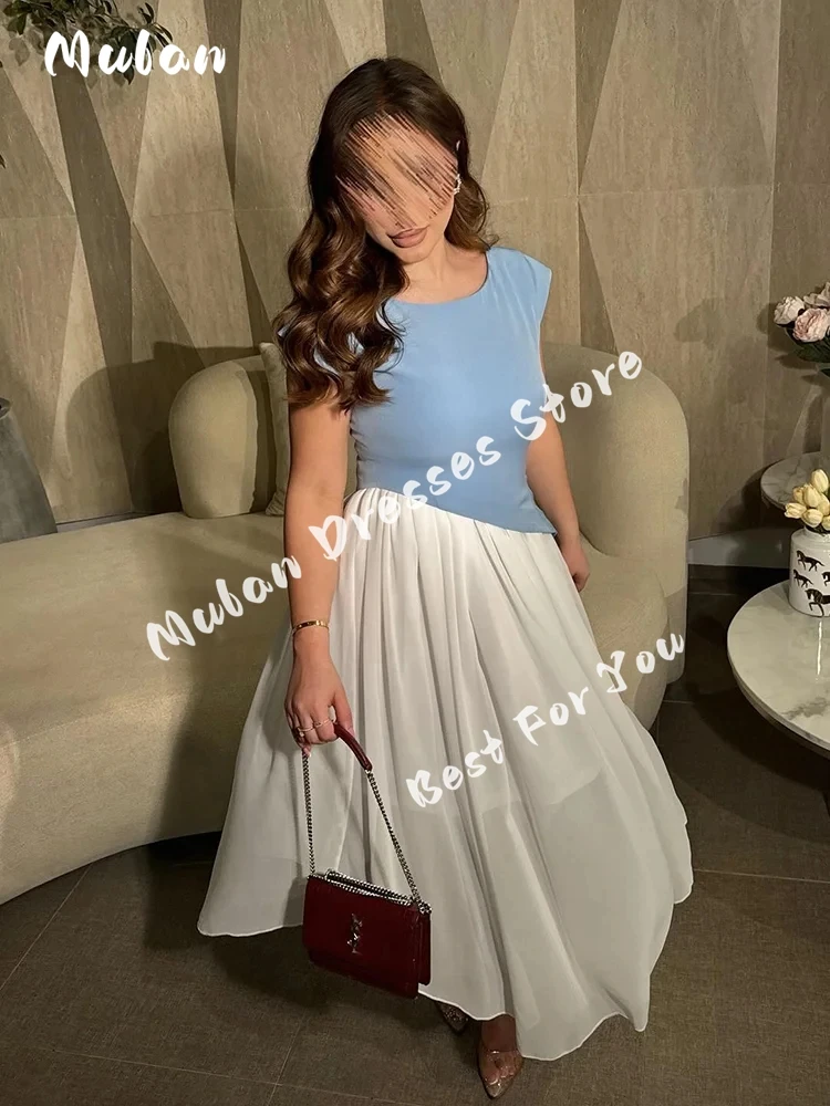 Elegant Chiffon A Line Prom Dresses O Neck Patchwork Party Evening Gown Tea Length Saudi Simple Formal Occasion Dress