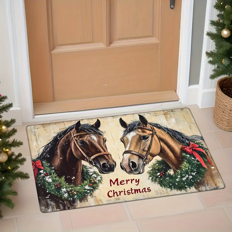 Vintage Christmas Two Horses Wreath Red Bow Flannel Doormat Anti Slip Absorbent Front Door Mat Farmhouse Home Entrance Decor Rug