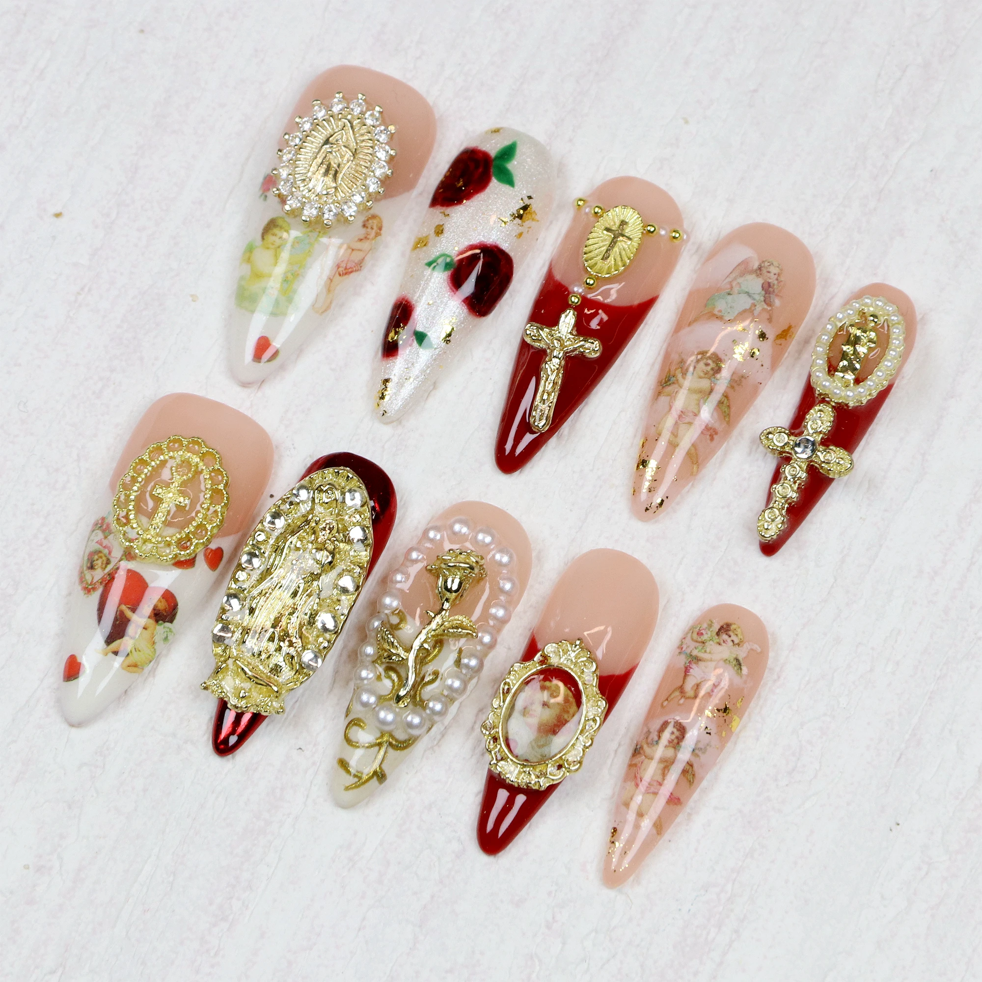 10 pièces de luxe longue Stiletto presse sur les ongles, conception personnalisée Chrome or croix vierge marie Nail Art catholique peint à la main ongles