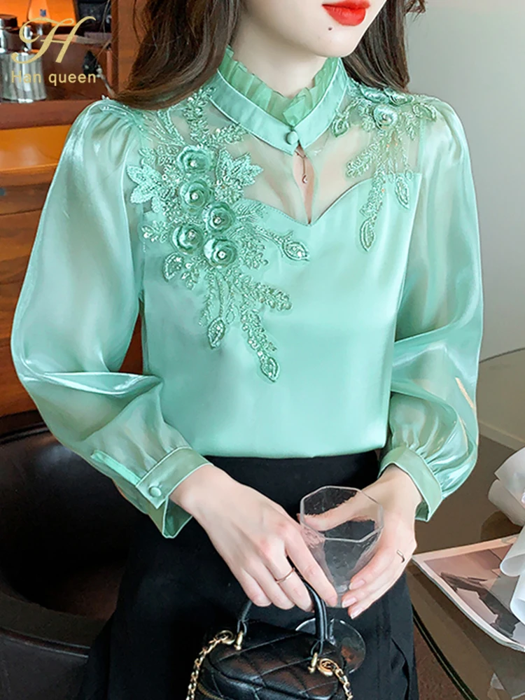 H Han Queen Elegant Autumn Shirt Embroidery Beads Chiffon Simple Office Blouse Loose Tops Long Sleeve Casual Blouses Women