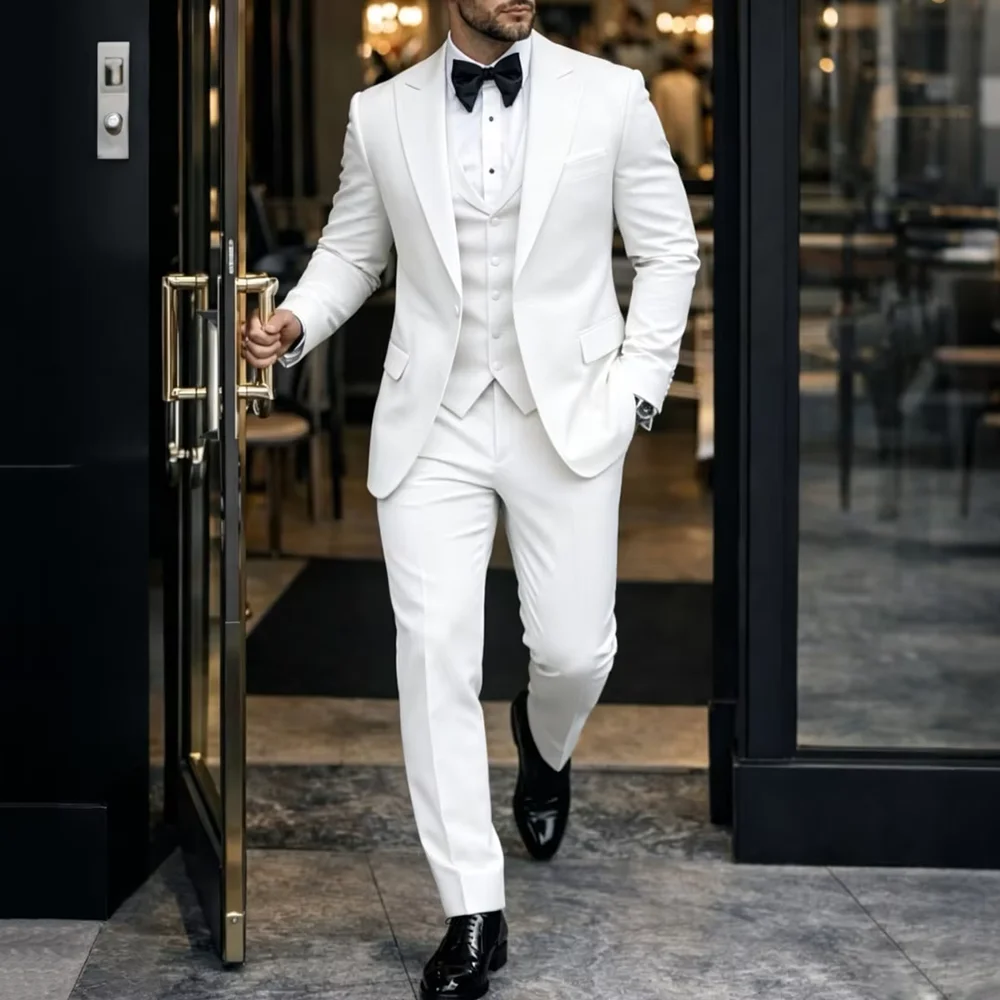 Men's White 3 Piece Set Blazer Vest Pants Formal Single Breasted Peak Lapel Outfit Business Casual Wedding Party Male Clothing