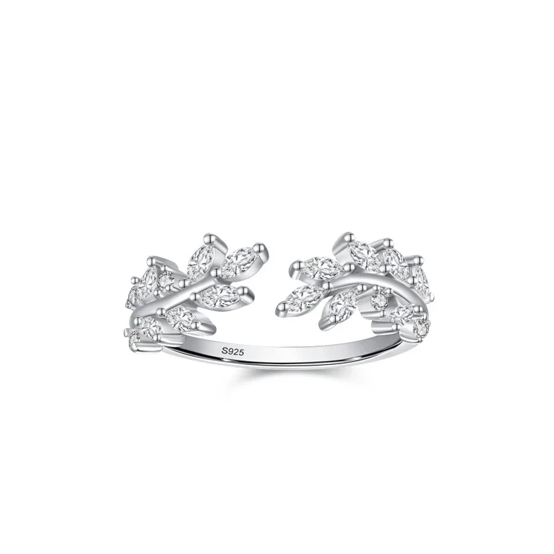 Full Body S925 Sterling Silver Leaf Opening Sparkling Diamond Ring for Women's Elegant and High-end Forest Style