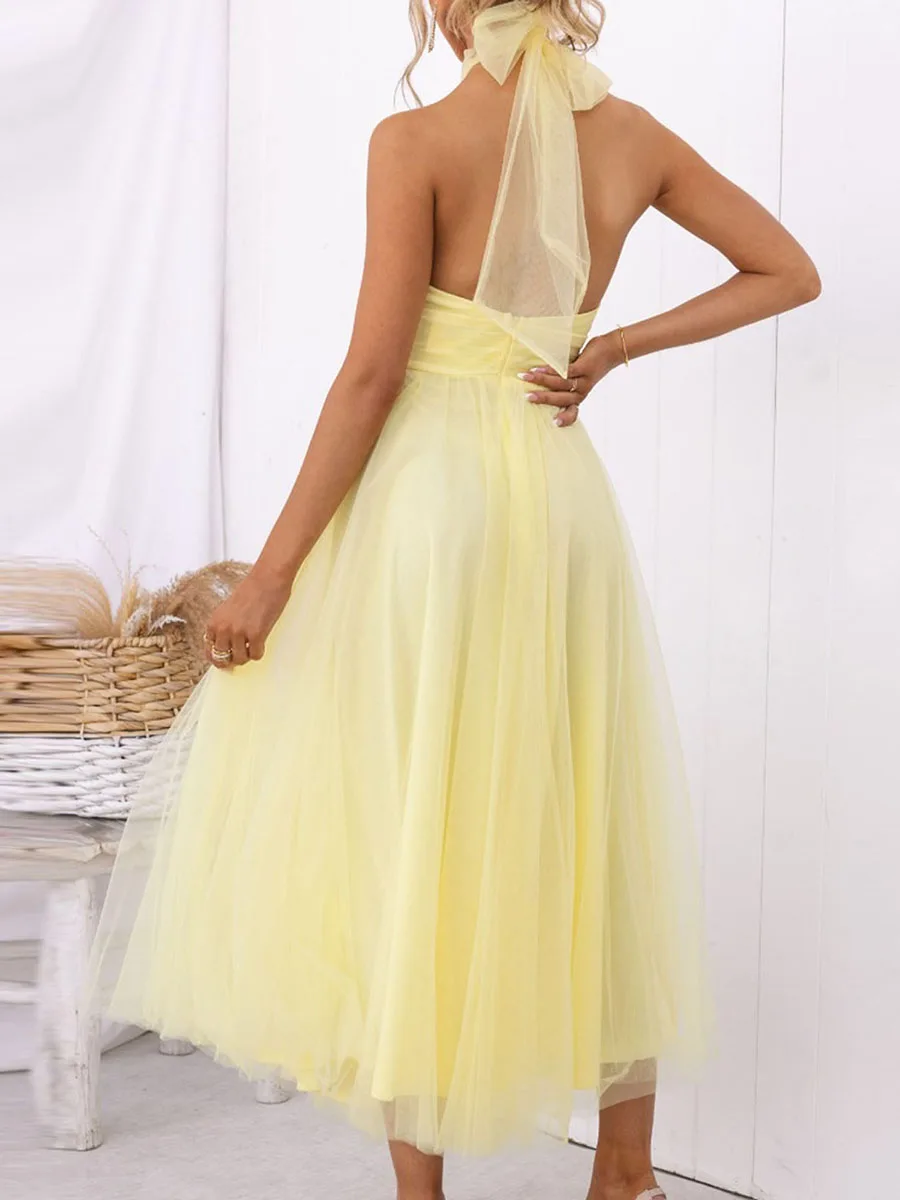 New Womens Backless Long Dress Adjustable Tie Halter Neck Tulle High Waist Solid Party Wedding Dress S-XL - Image 6