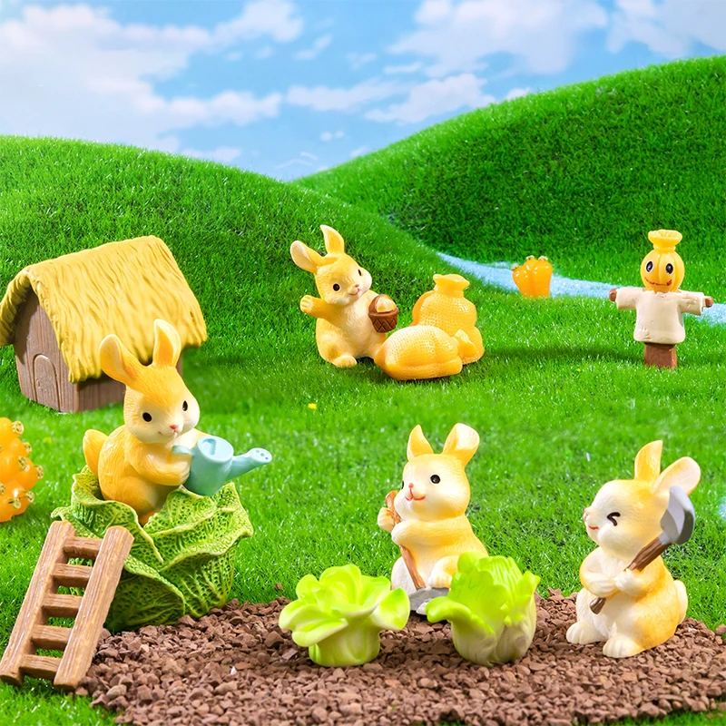 1/4Pcs Farm Pastoral Rabbit Figurine Micro Landscape Ornaments Resin Bunny Animal Dollhouse Desktop Fairy Garden DIY Home Decor