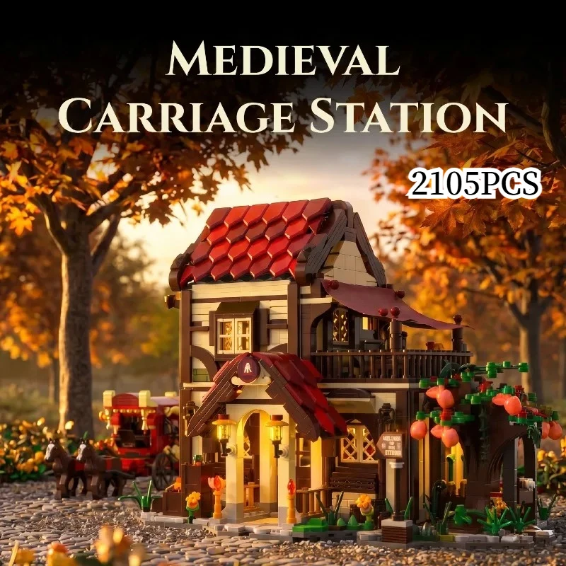 

2105PCS Creative Medieval Carriage Station Model Building Blocks With LED Light Construction Bricks Toy Gift For Youth
